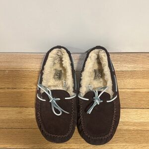 UGG Dakota Chocolate Suede Slippers with Blue Laces